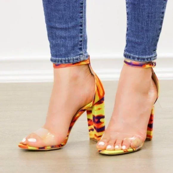 Ankle Strap Chunky Heeled Sandals, Clear Toe Band - Picture 2 of 8